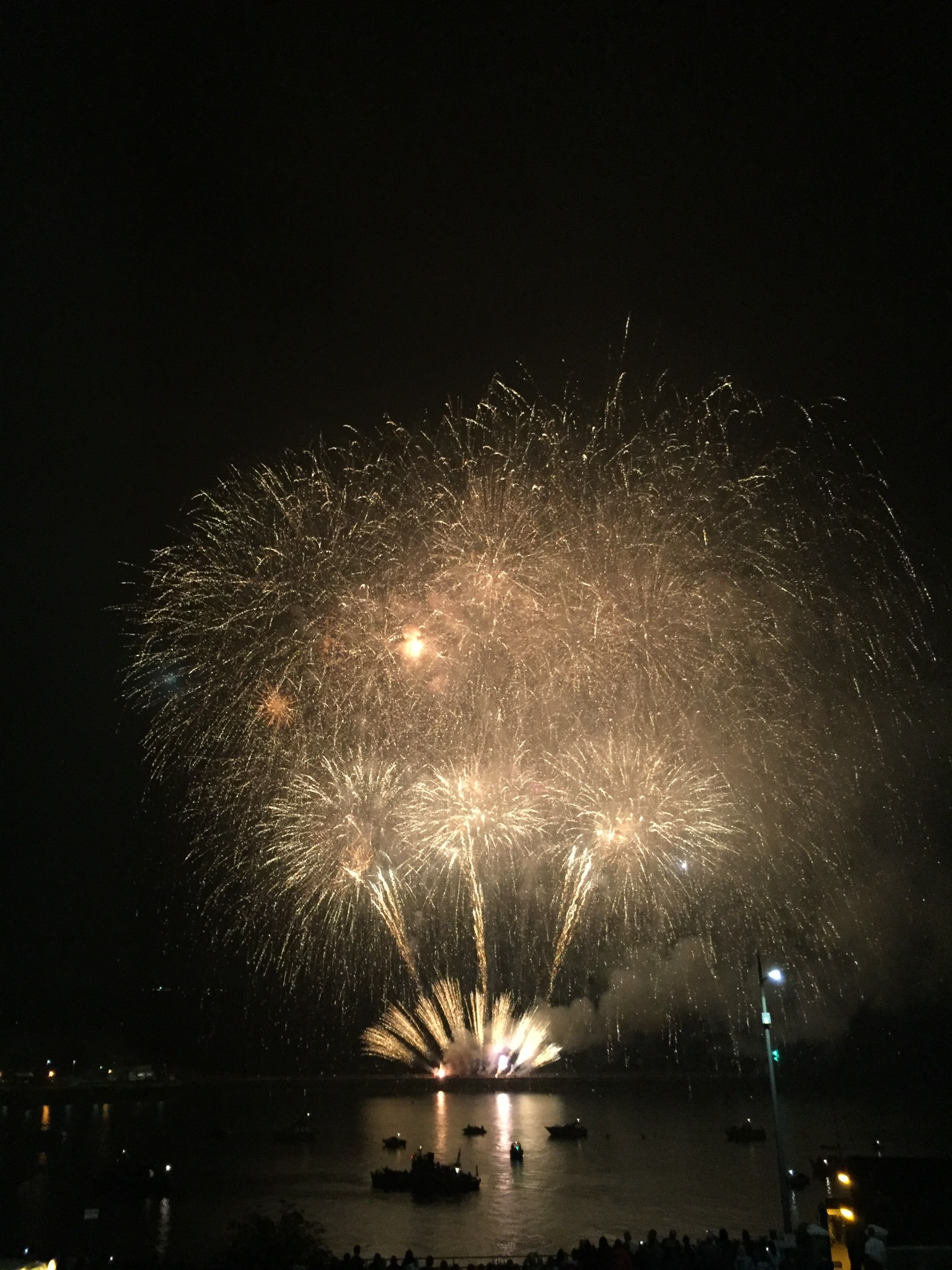 Large-scale corporate fireworks display over water